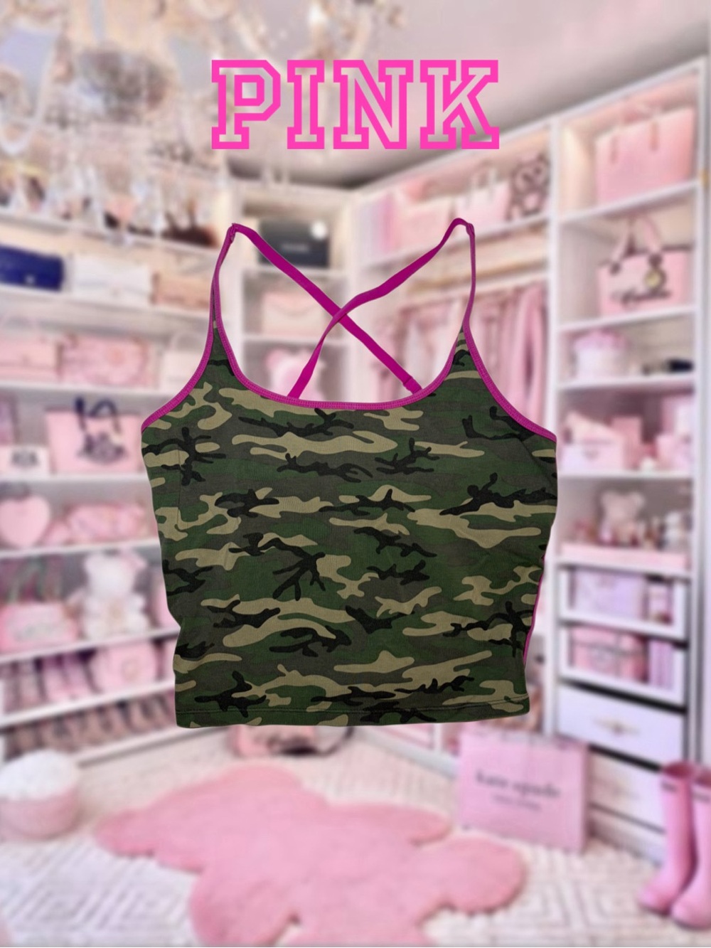 PINK Victoria's Secret Green Camo Bandeau with Pink Trim